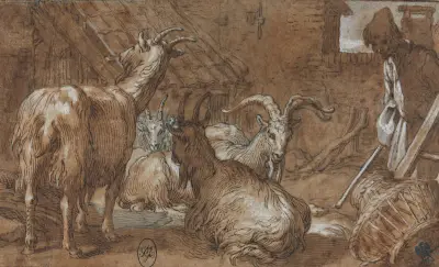 A Barnyard with Goats and a Goatherd av Abraham Bloemaert