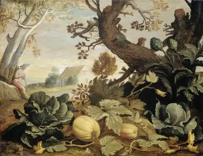 Landskap med frukter och grönsaker i förgrunden av Abraham Bloemaert