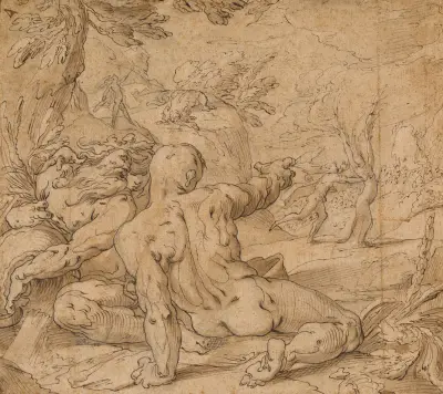 River Gods Watching Apollo Pursuing Daphne av Abraham Bloemaert