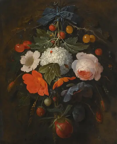A Festoon Of Flowers And Fruit, Including A Pink Rose, A Poppy, A Snowball, Gooseberries And Fraises De Bois, Along With A Variety Of Insects av Abraham Mignon