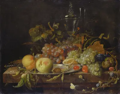 Still Life with Fruit, Tin Plate and Wine Glasses av Abraham Mignon