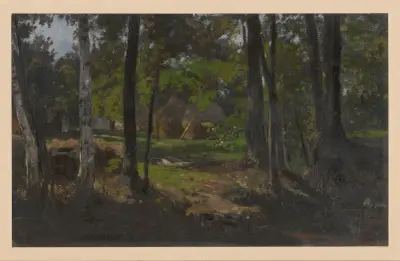Haystacks among trees in Spreewald av Adolf Dressler