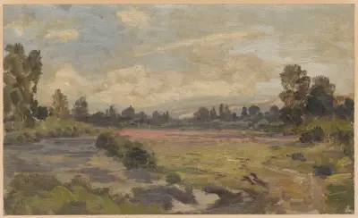 Landscape with a river and view of the Jesenik range av Adolf Dressler