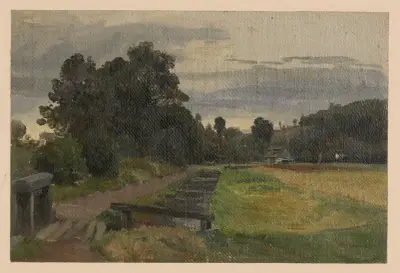View of a house and wooden bridge in Pełcznica av Adolf Dressler