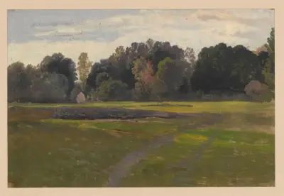 View of a meadow by a forest in Spreewald av Adolf Dressler