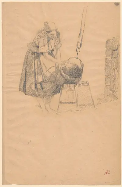 Woman making butter av Adolf Dressler