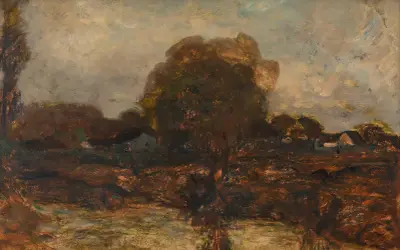 Flusslandschaft mit Dorf av Adolf Hölzel