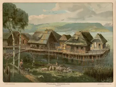 Pfahlbau-Ansiedelung. Prähistorisch von Adolf Lehmann