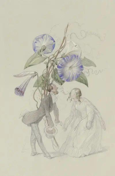 Ein Bouquet von blauen Winden, darunter ein sich voreinander verbeugendes Paar av Adolf Schrödter
