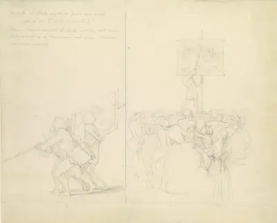 Karikatur aus Anlaß des Ankaufs von Lessings ‘[Hus vor dem Konzil in Konstanz’ durch das Städelsche Kunstinstitut av Adolf Schrödter