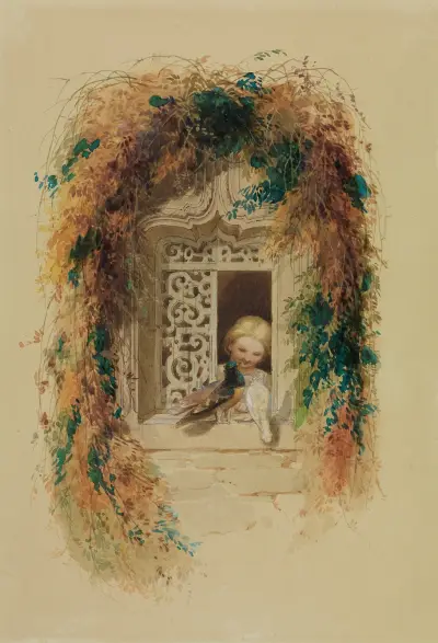 Mädchen mit drei Tauben am Fenster av Adolf Schrödter