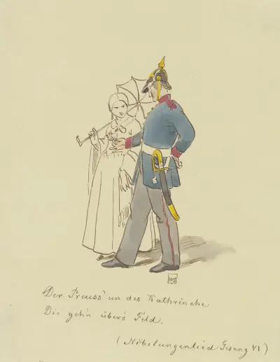 Preußischer Soldat und junge Frau mit Schirm av Adolf Schrödter