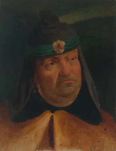 Studie des Kopfes eines Mannes mit Schmuckstirnband über Kapuze av Adolf Schrödter