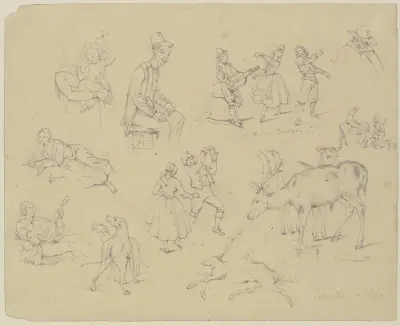 Studienblatt; Madonna und Kind, Szenen aus dem italienischen Volksleben, Hunde und Hirsche av Adolf Schrödter