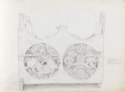 Bakside av brudestol, Bergen museum av Adolph Tidemand