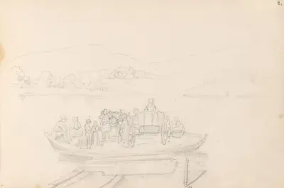 Båt med häst, vagn och figurer, Vormsund av Adolph Tidemand