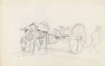 Boy by horse and cart av Adolph Tidemand