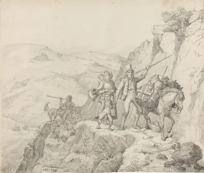 Familj med klövjehäst på säteriväg av Adolph Tidemand