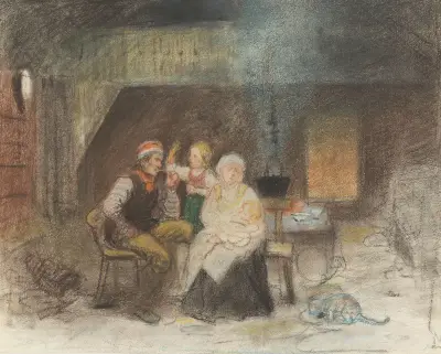Familiengruppe in einer Bauernstube von Adolph Tidemand