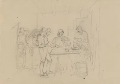 Fem figurer i interiør av Adolph Tidemand