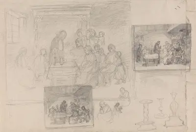 Figurer i interiör; präst vid sjuksäng av Adolph Tidemand