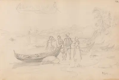 Figurer och båt på stranden, Leksand av Adolph Tidemand