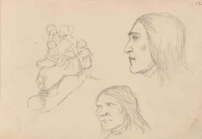 Figurgruppe; to studier av mannshode av Adolph Tidemand