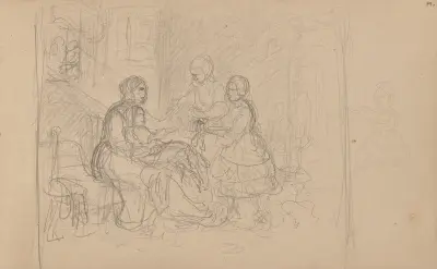 Figurscene i interiør av Adolph Tidemand