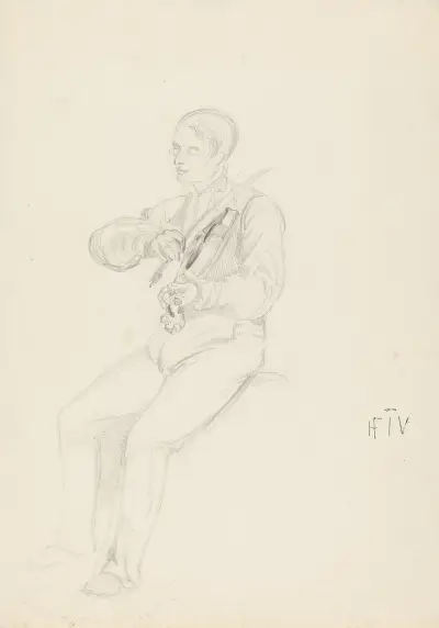 Fiolinspiller med lorgnett av Adolph Tidemand