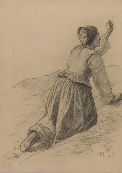 Gammel kone på kne med knyttet hånd av Adolph Tidemand