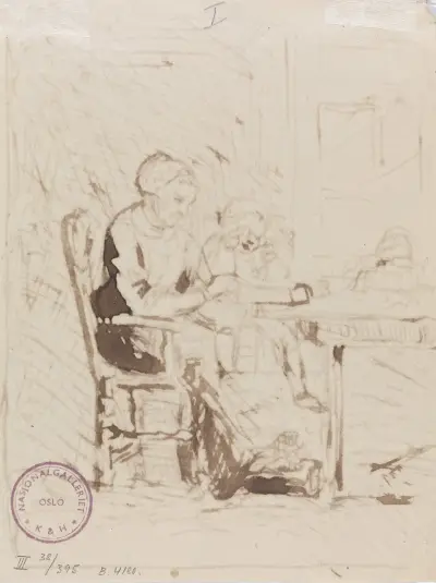 Gammel kvinne leser for gutt av Adolph Tidemand
