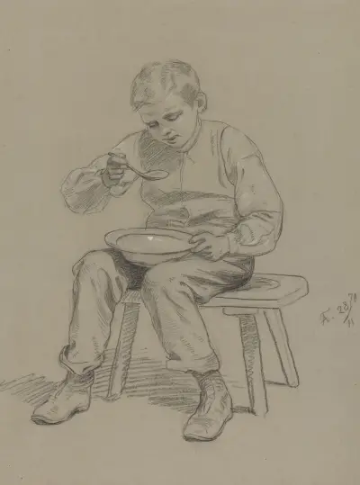 Gutt som spiser suppe av Adolph Tidemand