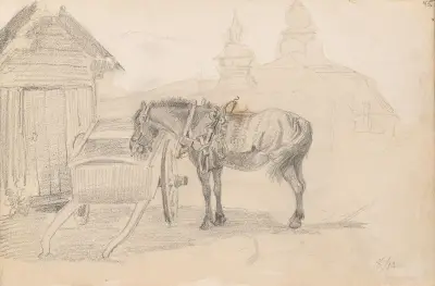 Hest og kjerre ved Leksand kirke av Adolph Tidemand