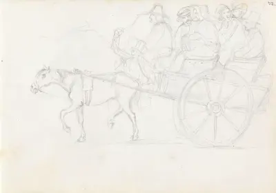 Hest og vogn med passasjerer av Adolph Tidemand