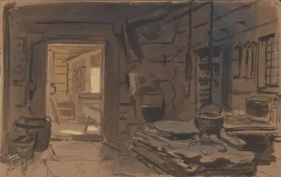 Interiør fra et ildhus av Adolph Tidemand