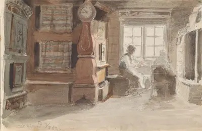 Interiör med figurer, Leksand av Adolph Tidemand