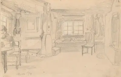 Interiør med gulvklokke, Mora av Adolph Tidemand