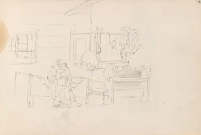 Interiör med säng, hängvagga, vävstol och figurer, Spättungen av Adolph Tidemand