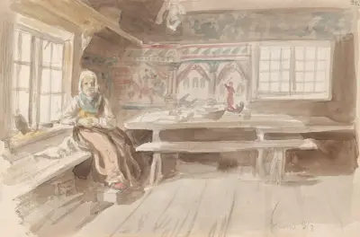 Interiør med sittende kvinne, Dalarna av Adolph Tidemand