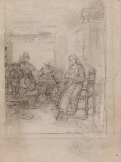 Interior with Card Players and Young Woman Knitting av Adolph Tidemand