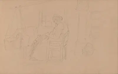 Interior with seated woman and hammock av Adolph Tidemand