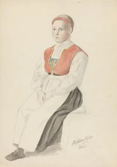 Jente i bunad, Oline, Bukken av Adolph Tidemand