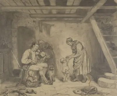 Kone danser med barn til felemusikk av Adolph Tidemand
