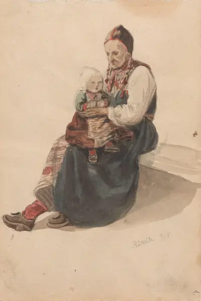 Kone med barn på fanget, Rättvik av Adolph Tidemand