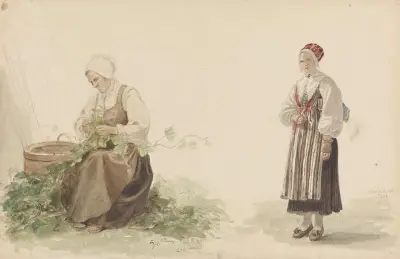 Kvinna som plockar eklöv och Kari Andersdatter av Adolph Tidemand