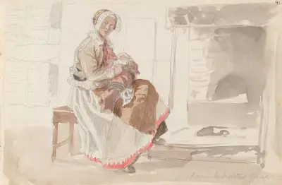 Kvinne med barn i interiør av Adolph Tidemand