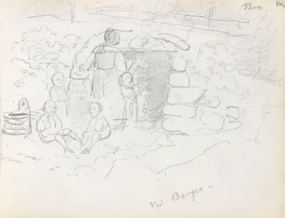 Kvinne og barn utenfor tunnel, ved Berger av Adolph Tidemand