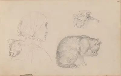 Kvinnefigur; katter; kvinnesal av Adolph Tidemand