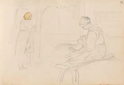 Kvinna vid byggnad; kvinna med handarbete av Adolph Tidemand