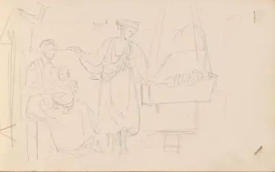 Kvinner og barn i interiør av Adolph Tidemand